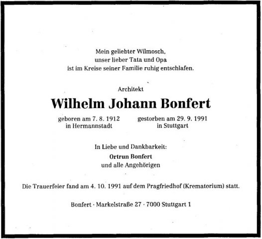 Bonfert Wilhelm 1912-1991 Todesanzeige